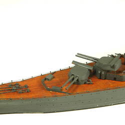 Naval ship with two masts, detail of bow.