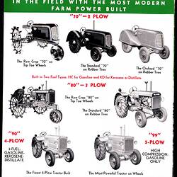 Seven tractors and text. Red, black and green printing.