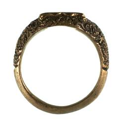Profile of brass ring with textured surface on top half.