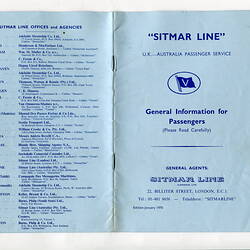 Booklet - Passenger Information, Sylvia Boyes & Lindsay Motherwell, Sitmar Line, 20 Apr 1970