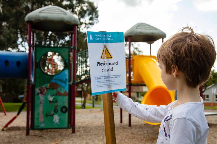 Digital Image - Child Looking at Closed Playground Sign, Burwood east, May 2020