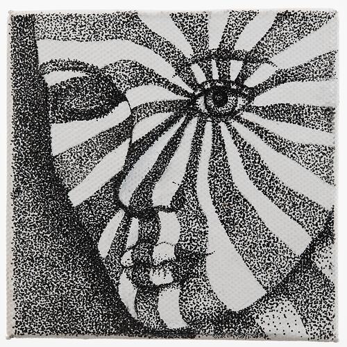 Black and white pointillistic drawing of a woman's face with the left eye radiating white waves.