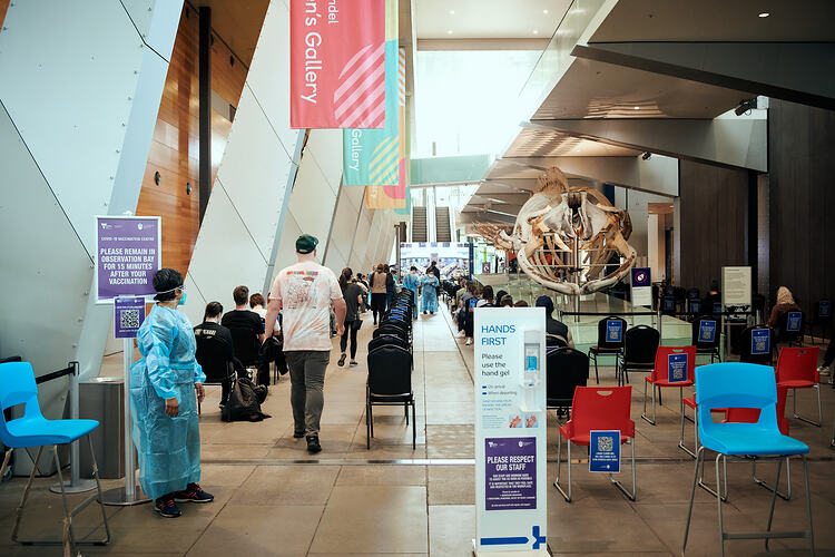 Patients in the Post Vaccination Waiting Area, St Vincent's Vaccination Hub, Melbourne Museum, 23 Sep 2021