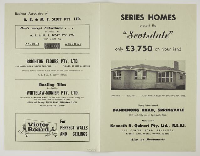 Open brochure of white paper with black printed text and photograph of brick house.