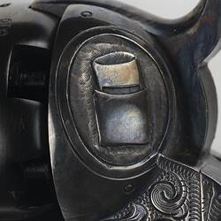 Detail of metal engraving. Ned Kelly's helmet.