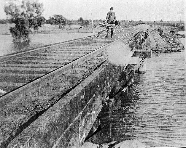 [Man with bicycle on a railway bridge, Mildura district, circa 1920.]