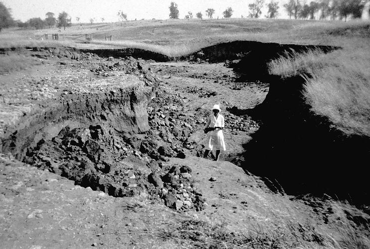 [A eroded gully encroaching on farmland, near Lorquon, north of Nhill, about 1930.]
