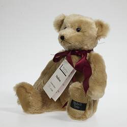 Seated light brown plush bear with red ribbon around neck with white card attached.