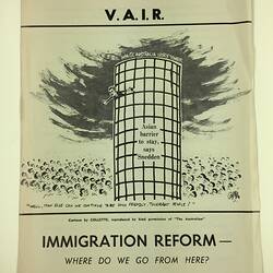 HT 56081, Pamphlet - 'Immigration Reform - Where Do We Go From Here?', Victorian Association for Immigration Reform, Melbourne, circa 1968 (MIGRATION), Document, Registered