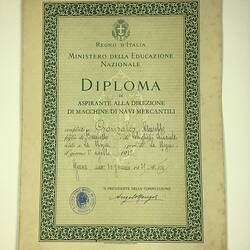 Diploma - Giuseppe Gonzales, Marine Engineering, Genoa, Italy 30 Jan 1939