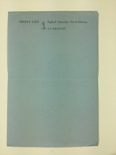 HT 54684, Notepaper - SS Oronsay, Orient Line, 1959 (MIGRATION), Document, Registered