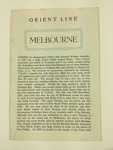 HT 54792, Booklet - Orient Line, Melbourne, 1967 (MIGRATION), Document, Registered