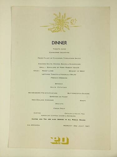 HT 54805, Menu - Dinner, SS Arcadia, 3 Jul 1967 (MIGRATION), Document, Registered