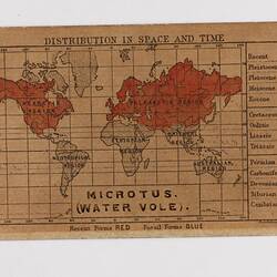 Retangular brown card with black and red text and map
