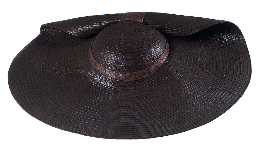 Wide brimmed black straw hat.