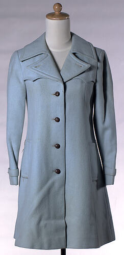 Aqua, single breasted, mini length coat, leather buttons.