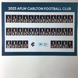 White poster featuring 31 portraits of female footballers. Male portrait at lower right. Blue and white text.