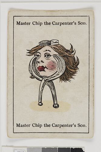 White playing card with caricature of figure's head atop a body of metal pliers.