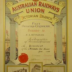 Certificate - Australian Railways Union (Framed), H.A. Reynolds, President, Mordialloc Sub-Branch, Victoria, 1946