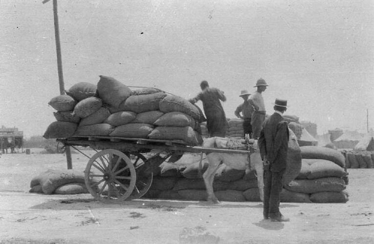 Flat bed donkey cart being loaded with sacks.