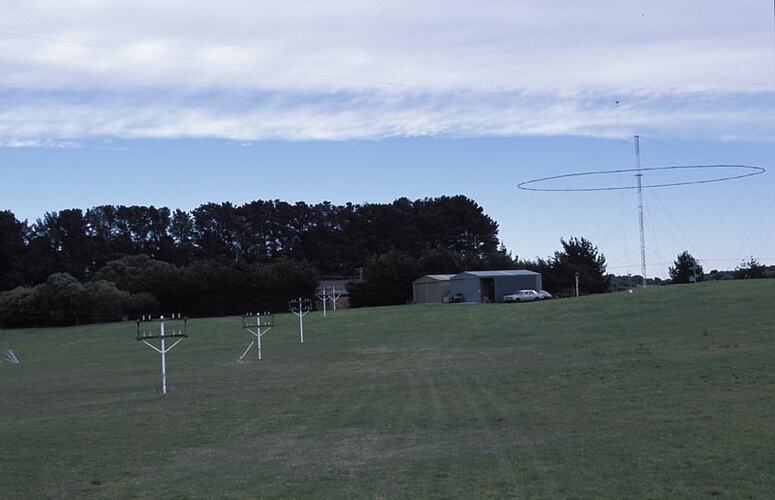 MM 028508 Receive antenna feeder lines and bi-conical monopole broadband HF antenna. Melbourne Coastal Radio Station, Cape Schanck, Victoria