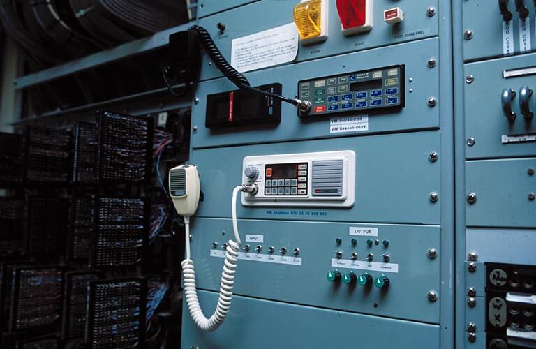 Main distribution frame, diesel generator controls, VHF test transmitter.   Melbourne Coastal Radio Station, Cape Schanck, Victoria