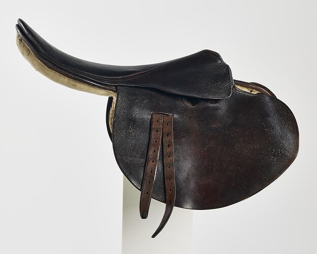 Horse racing saddle. Padded dark brown leather. Double layer beneath saddle flap. Two leather straps on either side. Profile.