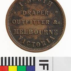 Token - 1 Penny, I. Booth & Co, Draper & Outfitter, Melbourne, Victoria, Australia, circa 1853