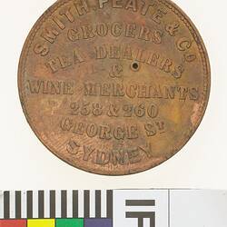 Token - 1 Penny, Smith, Peate & Co, Grocers, Tea & Wine Merchants, Sydney, New South Wales, Australia, circa 1857