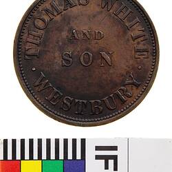 Mule Token - 1 Penny, Thomas White & Son, Grocers, Westbury, Tasmania, Australia, 1855