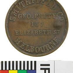 Surcharged Token - 'VZ" on 1 Penny, George Petty, Smithfield & Co, Butchers, Melbourne, Victoria, Australia, circa 1855