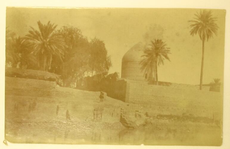 Part of ancient tomb beneath palms.