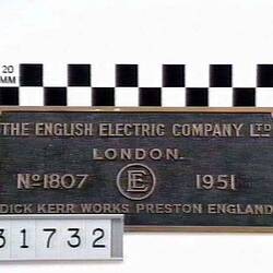 Locomotive Builders Plate - English Electric Co. Ltd., Dick Kerr Works, England, 1951