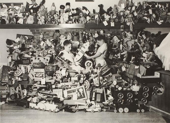 Digital Photograph - Two Boys Surrounded by Toys for Charity, Sandringham, 1943-1944