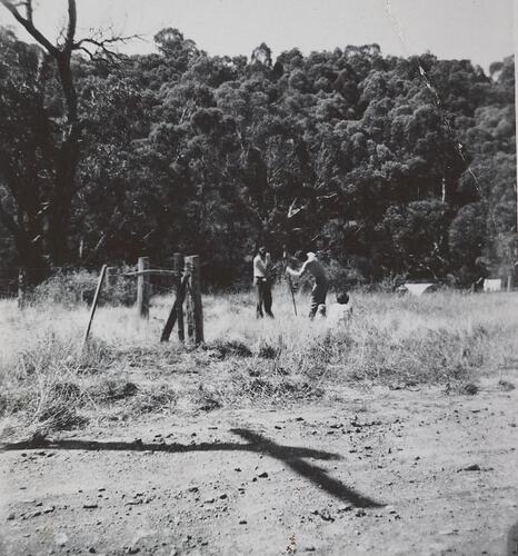 Digital Photograph - Two Men Levelling Site to Erect Builder's Shed, House Building Site, Greensborough, circa 1958