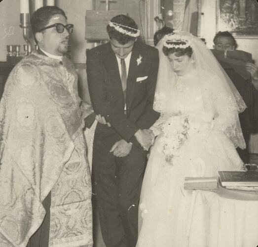 Digital Photograph - Bride, Bridegroom & Priest at Greek Orthodox Wedding, Carlton North, 1959