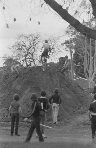 Digital Photograph - Boys Riding Mountain Bikes on Dirt Mound, Caulfield Park, 1979.