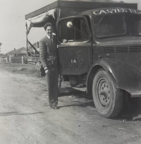 Digital Photograph - Man with Grocery Delivery Truck, Carter Brothers, Essendon, 1958