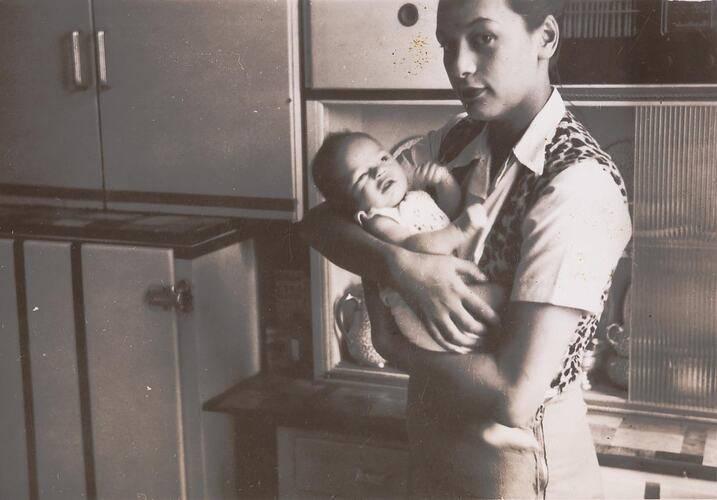 Digital Photograph - Mother & First Baby in Kitchen, First Day at Home, Elwood, 1950