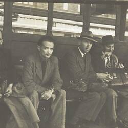 Digital Photograph - Five Men Sitting in Tram Shelter, Flinders Street, Melbourne, 1951