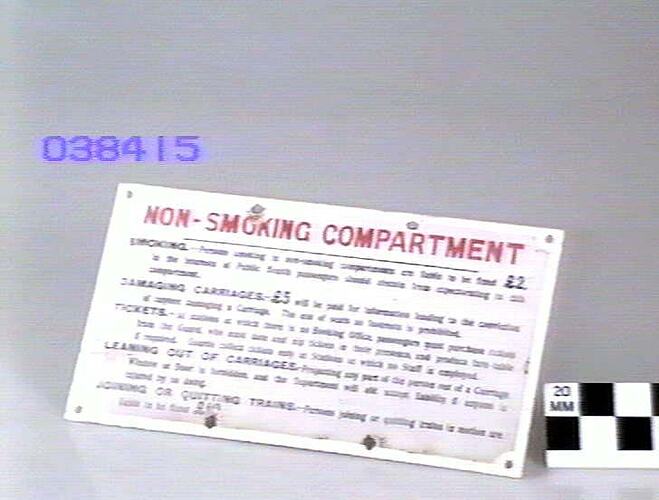 Railway Carriage By-Laws Sign - Victorian Railways, 'Non-Smoking Compartment ...'