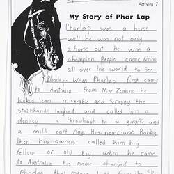 Letter - My Story of Phar lap. Elizabeth Ness. 1999