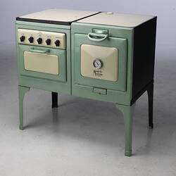 Green and cream old fashioned electric stove.