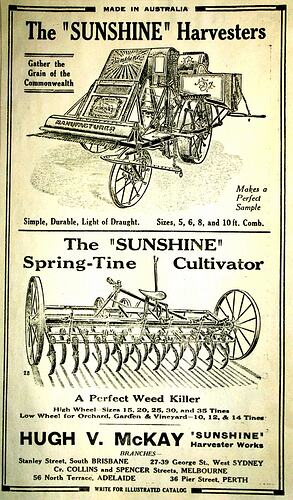 Advertisement - Hugh V. McKay, The 'Sunshine' Harvester Makes a Perfect Sample, 1917