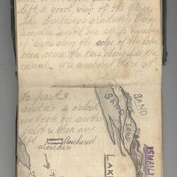 Hand-written diary, opened showing writing and sketches.