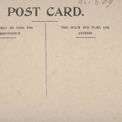 Postcard - South West Facade, Exhibition Building, Melbourne, circa 1908 (Reverse)