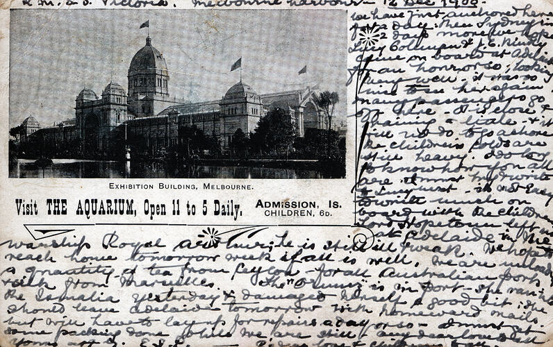 Postcard - Southern Facade & Aquarium, Exhibition Building, Melbourne, 1900