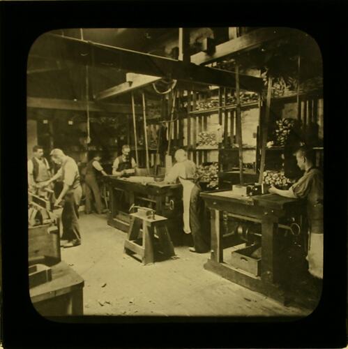 Lantern Slide - Royal Victorian Institute for the Blind, Men in Workshop, circa 1900