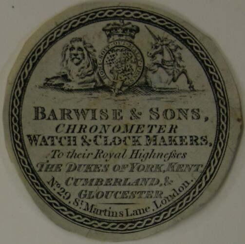 Watch Paper - Barwise & Sons, London, circa 1820