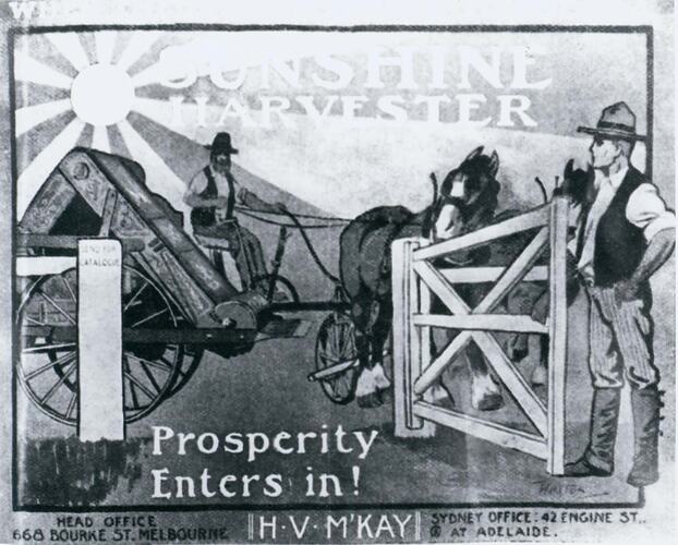 Sign showing a man driving a two horse driven harvester behind open gate.